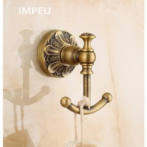 Antique European Brass Double Hooks Towel, Robe, Clothes Hanger Wall Mount Bathroom Accessory, Antique Bronze finish