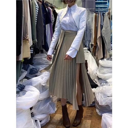 Spring 2020 Irregular Sashes Mid Calf Women Pleated Skirt Khaki Pleated Skirt Vintage High Waist Casual Skirts Female Faldas New