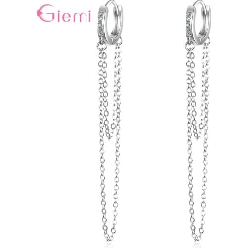 Simple 925 Sterling Silver Hoop Earrings Crystal Zirconia Earring Long Chain Tassel Trendy Ear Jewelry For Women Girl
