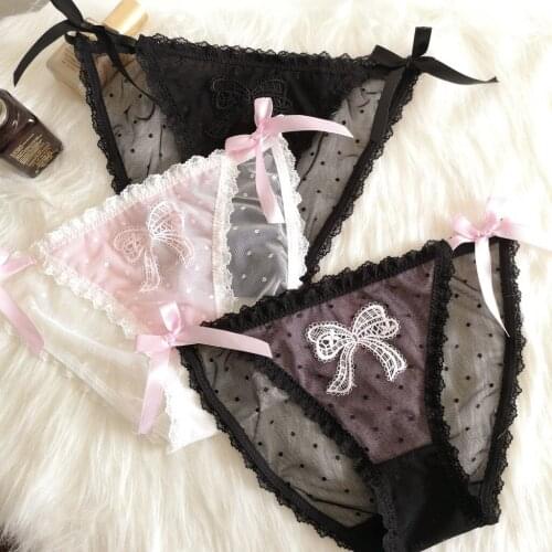 Sexy Lace Edge Women Panties Cross Belt Translucent Mesh Briefs Low Waist Female Underpants Underwear lingerie cute