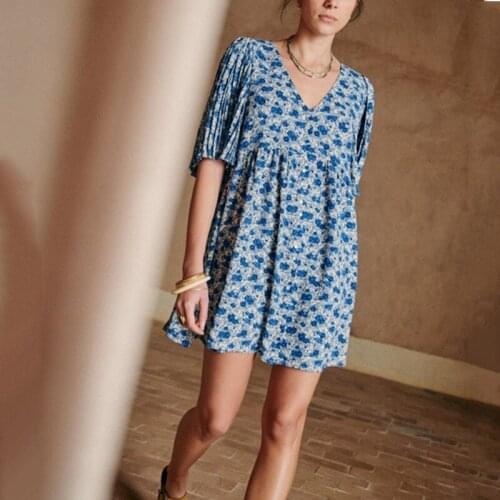 Women Dress 2021 Spring and Summer New Style Ladies Stitching Printing V-neck Loose Short-sleeved Floral Dress