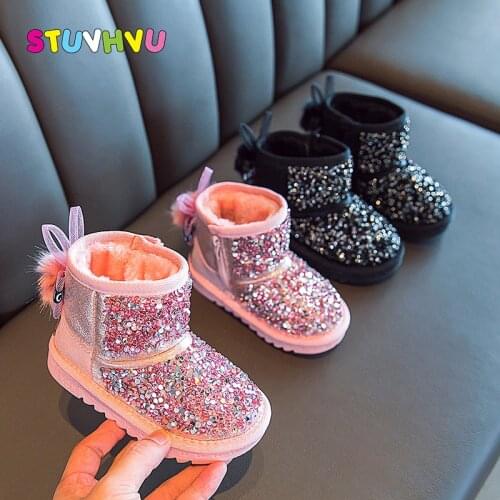 Girls Snow Boots Rhinestone Princess Shoes Winter Boots Plus Velvet Warm Kids Cotton Shoes Soft Comfortable Child Short Boot