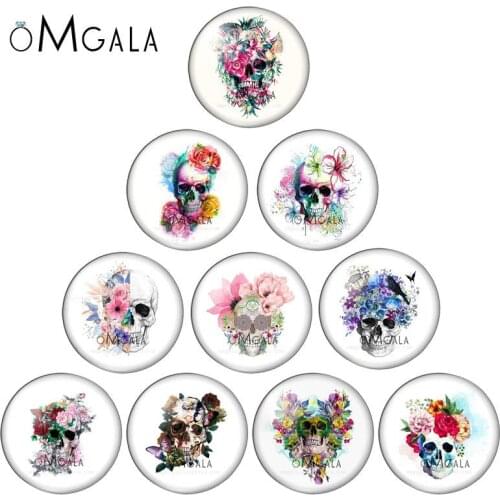 Watercolor Flower Skull mixed 10pcs 8mm/10mm12mm/18mm/20mm/25mm Round photo glass cabochon demo flat back Making findings