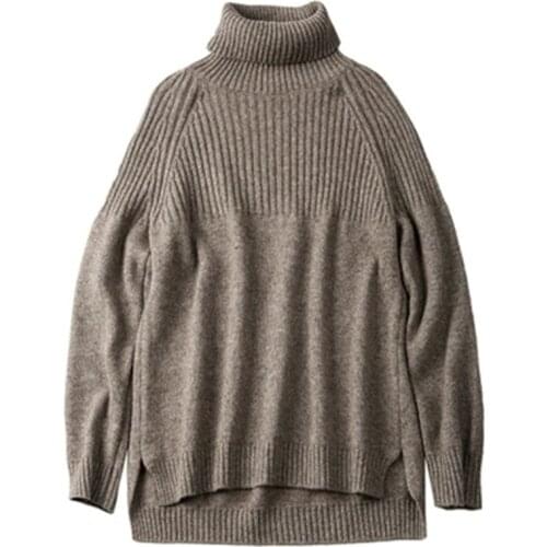 100%cashmere knit women casual turtleneck solid irregular hem loose pullover sweater S-XL retail wholesale