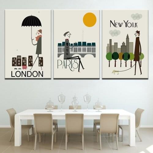 3 pieces Abstract Cartoon London New york City Street View Print Canvas Painting Wall Art living room Home Decor Picture Poster