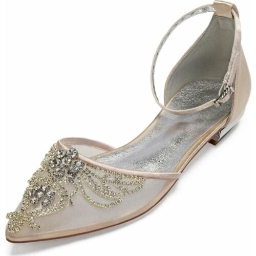 Sparkling lady satin mesh dress shoes pointed toe ankle strap bridal wedding flats with crystal applique party prom ball shoes