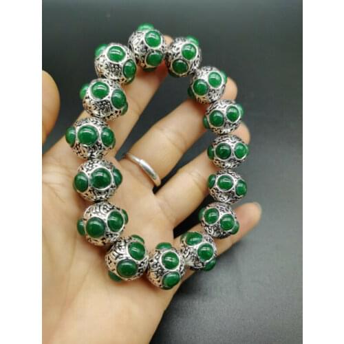 China Old Tibet Silver Carving Flower Inlaid Red Green Jade Silver Bracelet Collection Ornaments Statues for Decoration