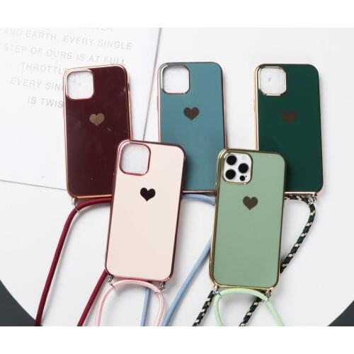 Electroplated Love Heart Phone Cases For iPhone 12 Pro 11 Pro Max XR X XS Max 7 8 Plus Soft Silicone Necklace Lanyard Back Cover