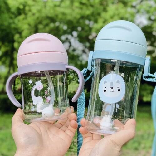 Kids Children Cartoon Animal School Drinking Water Straw Bottle Gravity Ball Straw Baby Cup with Shoulder Strap Water Bottle