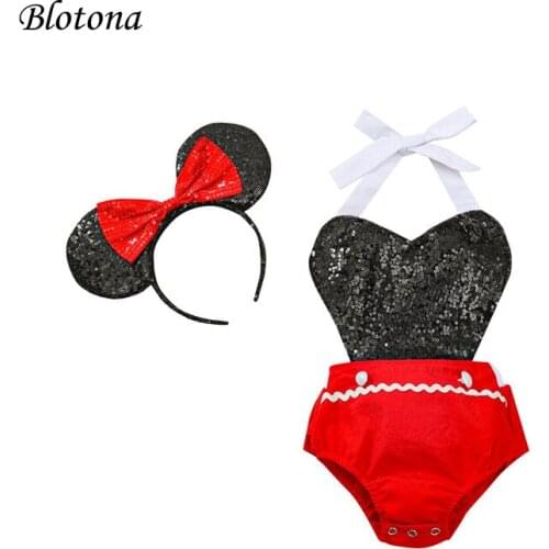 Blotona Infant Sleeveless Romper with Cartoon Mouse Ears Bow Headband Heart Shape V-Neck Bodysuit Sweet Summer Clothing 0-24M