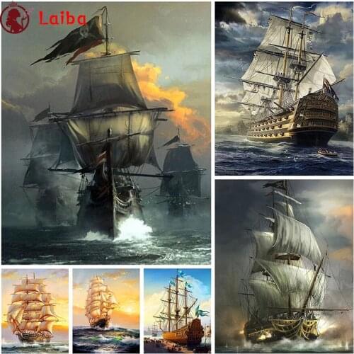 Diamond Embroidery Sea scenery, sailing boat Full Square round Diamond Mosaic Rhinestones Art Painting Cross Stitch Wall Decor