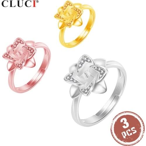 CLUCI 3pcs 925 Sterling Silver Flower Ring for Women Jewelry Silver 925 Pearl Ring Mounting Adjustable Zircon Ring