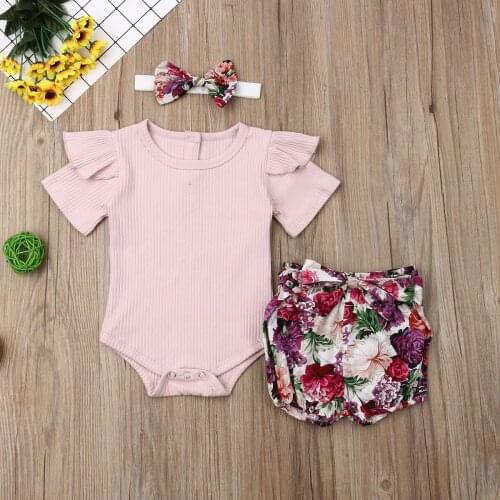 PudcocoBaby Summer Clothing Newborn Infant Baby Girl Clothes Sets Solid Ribbed Romper+Floral PP Shorts+Headband 3Pcs Outfit