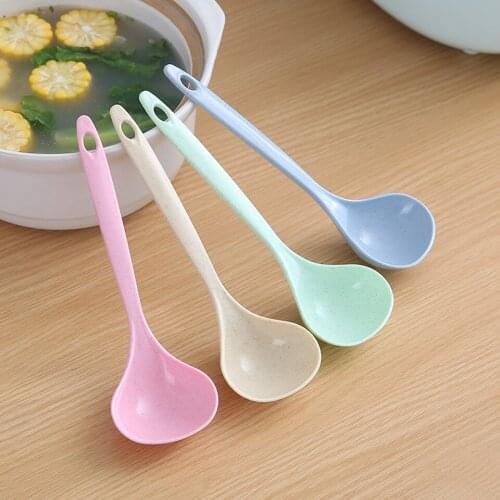 Wheat Straw Long Handle Round Environmental Spoons for Soup Cooking Mixing Stir