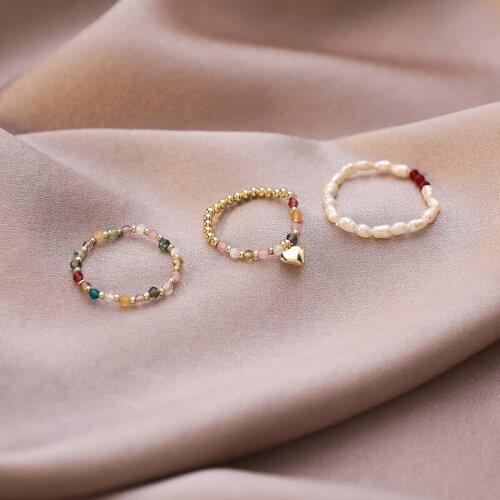 LOVOACC Trendy Colorful Crystal Beaded Rings for Women Gold Color Metal Love Heart Irregular Pearls Elastic Ring Wedding Gifts