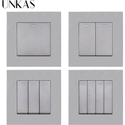 UNKAS Simple Style PC Plastic Panel 1 2 3 4 Gang 1 / 2 Way Wall Light Push Button Gray Light Switch 10A / 16A