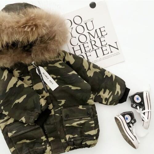 Autumn and winter new boys and girls camouflage mid length hooded cotton jacket