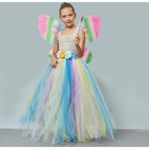 Girls Pastel Rainbow Princess Cosutme Dress With Wing Wand Wedding Dress for Bridesmaid Baby Butterfly Cosplay Outfits Clothing