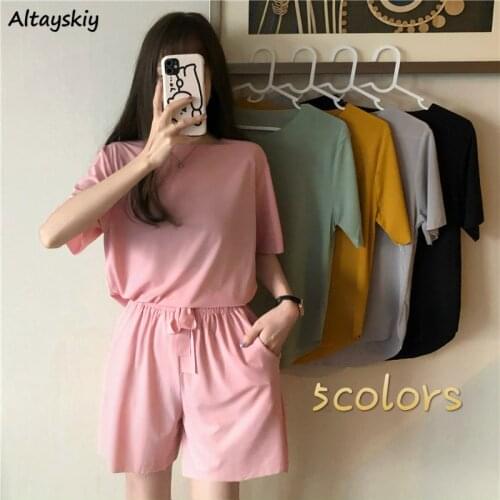 Pajama Sets Women Summer Solid Loose Casual Homewear Plain Womens Sleepwear Set Soft 2 Piece Sweet Pink 2020 New Fashion Trendy