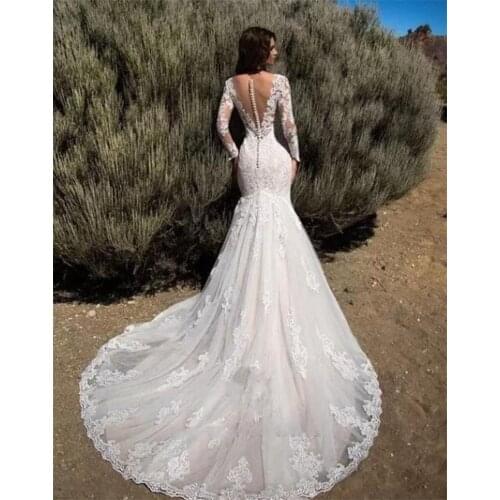 Sexy Sweetheart Full Sleeve Sheer Back Lace Applique Mermaid Wedding Dress Bride Gown Vestidos De Novia robe mariée