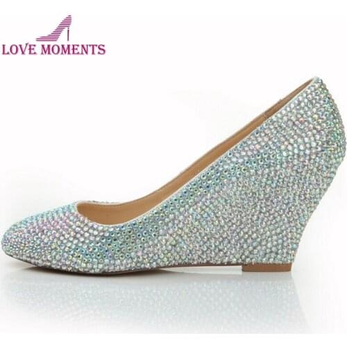 Rhinestone Wedge Heel Wedding Bridal Shoes Fashion Handmade Prom High Heels AB Color Crystal Round Toe Fashion Nightclub Pumps