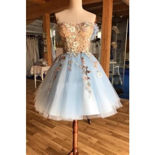 A Line Light Blue Off the Shoulder Above Knee Homecoming Prom Dress with Appliques vestidos de graduación sukienki koktajlowe