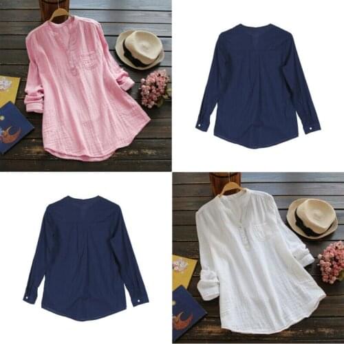 Women Casual Loose Cotton Linen Button V neck Long Sleeve Long Blouse Tunic Tops 2020