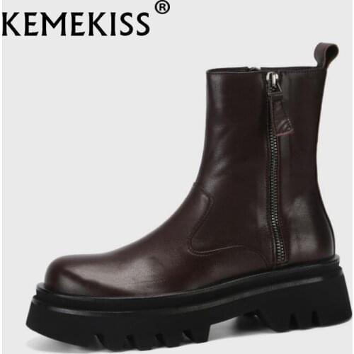KemeKiss High Quality Women Genuine Leather Ankle Boots Shoes Round Toe Zipper Thick Bottom Fashion Female Footwear Size 34-39