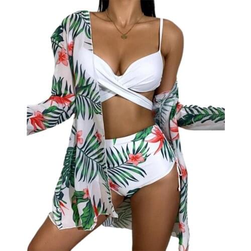 Women Swimsuit Set Floral Leaf Print Padded Bandage Bra High Waist Briefs Cargidan Swimwear for Summer