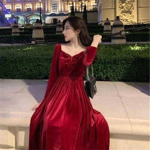 French Style Autumn Winter Women Casual A-Line Dress Eleagnt Slim Fashion Party Dresses Solid Velvet Vestidos Plus Size M-7XL