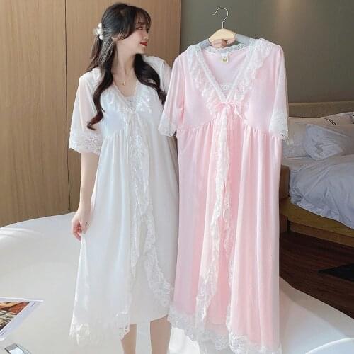 2021 Summer Short Sleeve Sexy Lace V-neck Nightgowns for Women Fashion Modal Long Dress Sleepwear Night Dress Nightdress Nighty