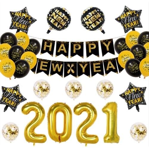 2021 New Year Balloon Set Happy Flag Pulling Banner Party Gas Decoration