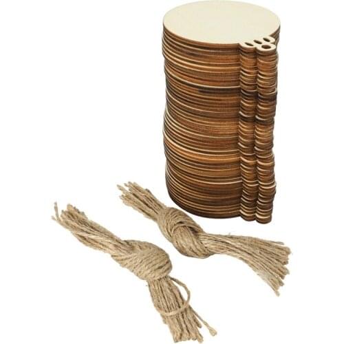 50pcs DIY Craft Wooden Round Bauble with 50pcs Twines to Paint, Unfinished Christmas Hanging Ornaments Natural Blank Wood Discs