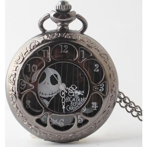 50pcs/lot Retro Black Hollowed Nightmare before Christmas Quartz Pocket Watch Necklace for Men Women Gift Watches Pendant
