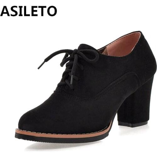 ASILETO 2021 Ladies Retro Pumps Classics Flock Lace Up Wedding Round Toe 7.5CM Block Heel Shoes Size32-43 Black Blue Red A4468