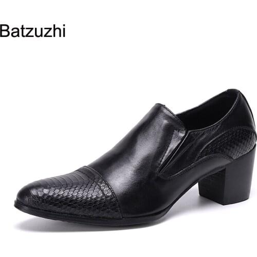 Batzuzhi Japanese Style Men Shoes Pointed Toe Black Genuine Leather Dress Shoes Men 7cm High Heel Business, Party Shoes, EU38-46