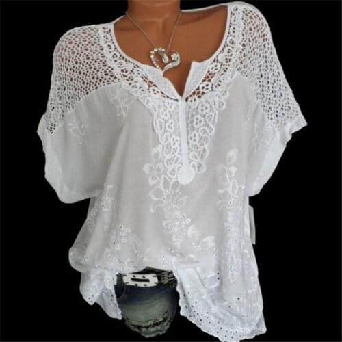 2021 Summer Short Sleeve Womens Blouses & Tops Loose White Lace Patchwork Shirt Plus Size 4XL 5XL Women Tops Casual Clothes