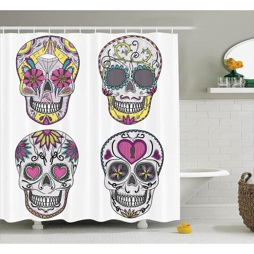 Skulls Shower Curtain Colorful Ornate Mexican Sugar Skull Set with Flower and Heart Calavera Humor Art Bathroom Decor Curtains