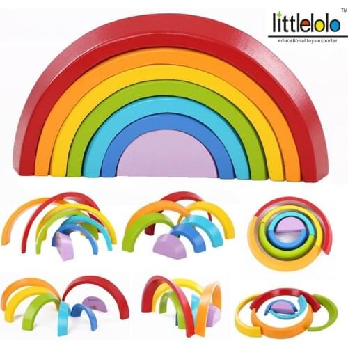 Baby educational toy wooden blocks rainbow color bridge blocks Stacker Color sort Game Nesting Creative Wood Circle Set 7pcs/set