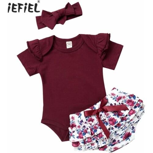 Newborn Lovely 3Pcs Summer Baby Girls Clothes Set Short Sleeves Infant Romper Printed Floral Shorts with Headband Baby Clothing