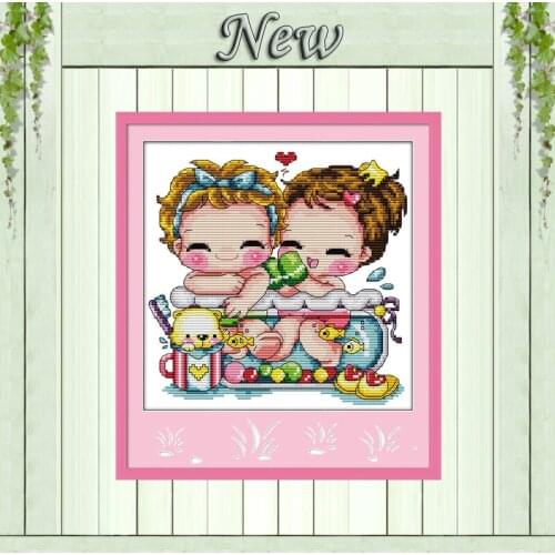 Bath in a fishbowl lovely baby decor painting counted print on canvas DMC 14CT 11CT Cross Stitch Needlework Sets Embroidery kits
