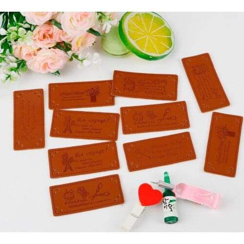 10Pcs/Bag Handmade Letter Pattern PU Leather Tags Rectangle Embossed Label DIY Flag Labels For Garment Sewing Accessories
