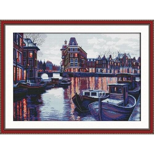 Joy Sunday Landscape Pattern Harbor Printed Canvas DMC 11CT14CT Fabric Arithmetic Manual Cross Stitch Kit Floral Embroidery