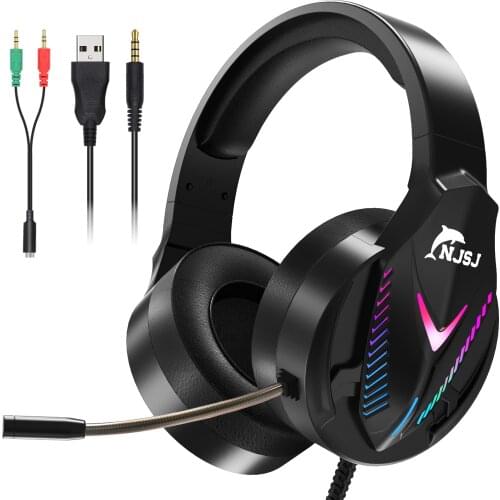 NJSJ Game Headset 3.5mm Wired Headset RGB Light Game Headset Uses Microphone To Eliminate Noise Laptop PS4 Gamer