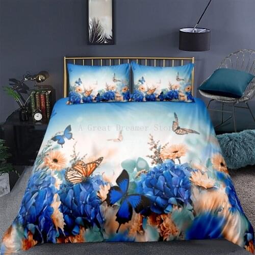 3d Blue Butterfly With Flowers Duvet Cover Bedding Set Beautiful Bedspread 2/3pcs Quilt Covers Queen King Large Size Bed Sets