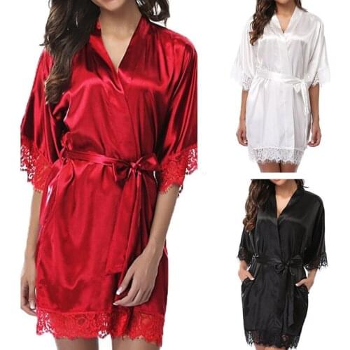 Summer Women Sexy Sleeping Dress Nightgown Soft Sleepwear Gown Short Ice Silk Bride Robe Lace Kimono Nightwear Lingerie S-2XL