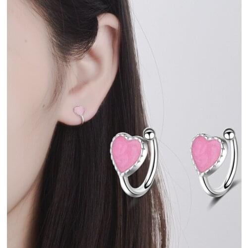Everoyal Cute Glaze Pink Heart Clip Earrings For Girls Accessories Fashion Silver 925 Women Earrings Jewelry Female Princess