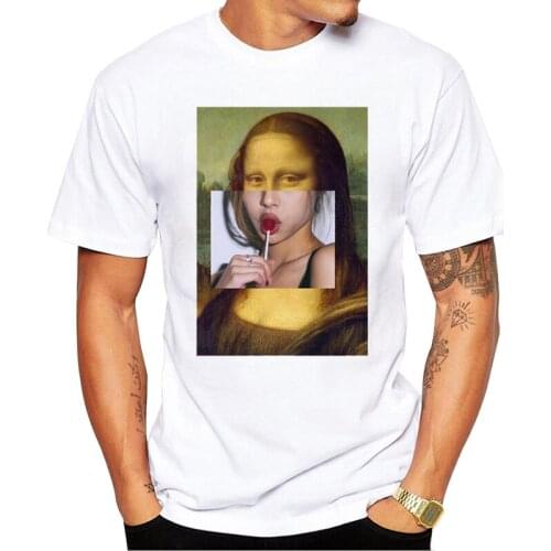 TEEHUB Short Sleeve Summer Mona Lisa Lolly Pop Men T-Shirt Funny Smoking Mona Lisa Printed Tshirts Casual Tee Hipster Tops