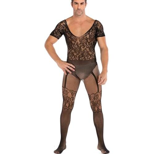 Mens Mesh Lace Lingerie Sexy Underwear Open Crotch Erotic Bodysuit Gay Sissy Body Stockings Cosplay Clubwear Stretchy Jumpsuit