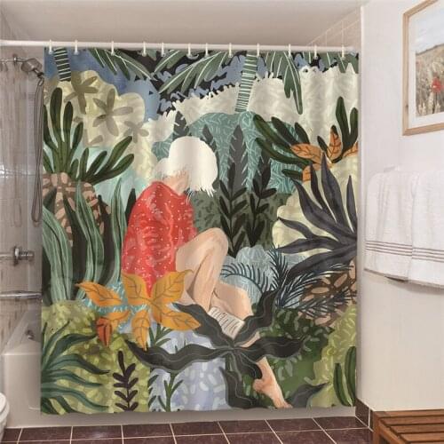 Art Printed Green Foliage Bathroom Set With Shower Curtains White Hair Woman Shower Curtain Waterproof Polyester Bath Screen 180